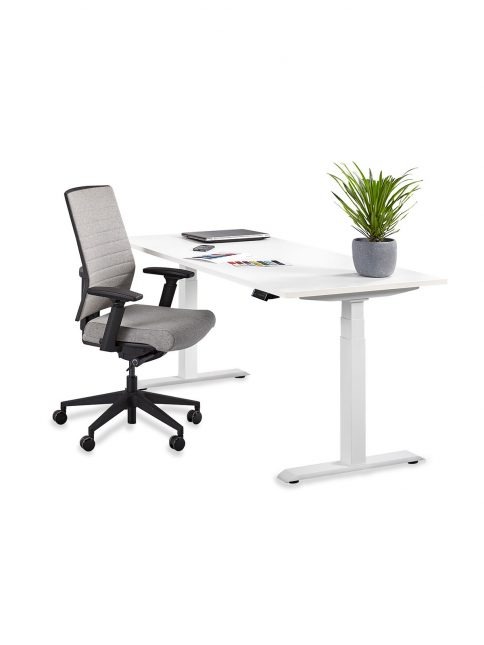 Beitragsbild @-MOVE Sitz-/Stehtisch Gestell weiß Tischplatte weiß niedrige Einstellung